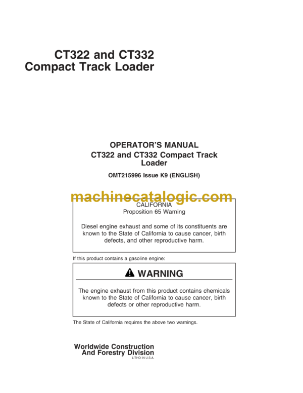 John Deere CT322 and CT332 Compact Track Loader Operator's Manual (OMT215996)