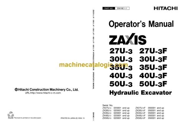 Hitachi ZX27U-3,ZX27U-3F,ZX30U-3,ZX30U-3F,ZX35U-3,ZX35U-3F,ZX40U-3,ZX40U-3F,ZX50U-3,ZX50U-3F Hydraulic Excavator Operator's Manual (EM1NE-1-1, EM1NE-1-2, EM1NE-1-3, EM1NE-1-5)