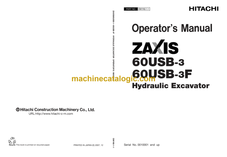Hitachi ZX60USB-3,ZX60USB-3F Hydraulic Excavator Operator's Manual (EM1N0-1-1, EM1N0-1-2, EM1N0-1-3)