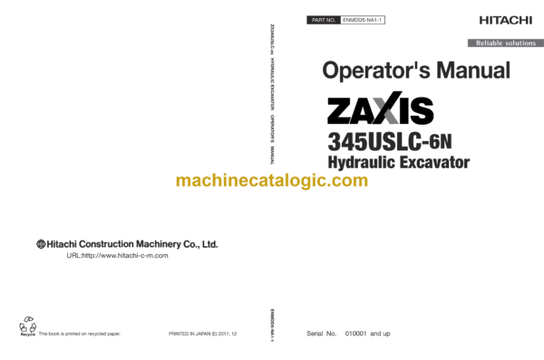 Hitachi ZX345USLC-6N Hydraulic Excavator Operator's Manual (ENMDD5-NA1-1)