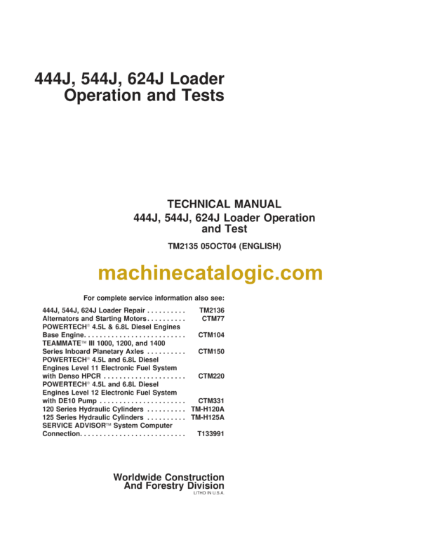 John Deere 444J, 544J, 624J Loader Operation and Test Technical Manual (TM2135)