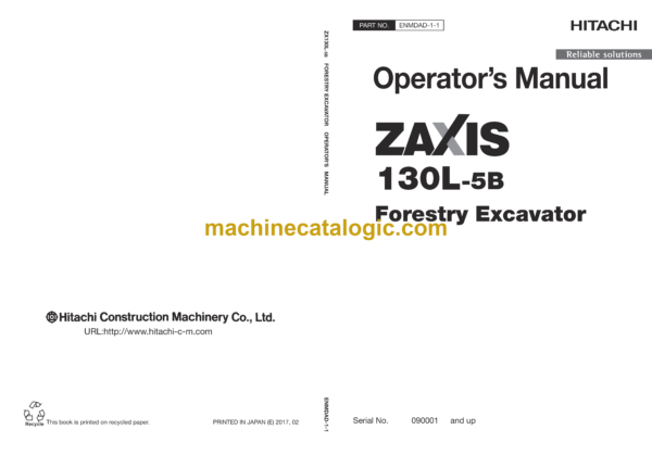 Hitachi ZX130L-5B Forestry Excavator Operator’s Manual (ENMDAD-1-1)