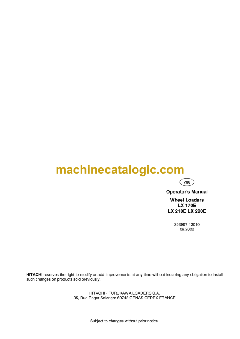 Hitachi LX170E,LX210E,LX290E Wheel Loader Operator's Manual