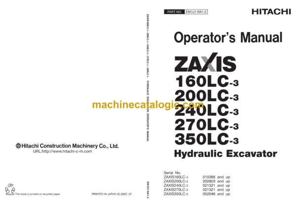 Hitachi ZX160LC-3,ZX200LC-3,ZX240LC-3,ZX270LC-3,ZX350LC-3 Hydraulic Excavator Operator's Manual (EM1U1-NA1-2)