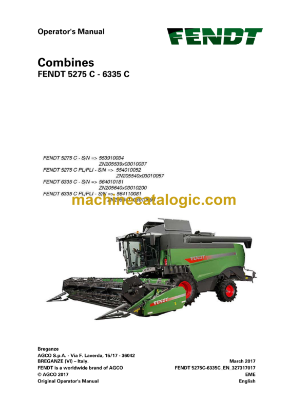 Fendt 5275C - 6335C Combine Harvesting Operator's Manual (327317017)