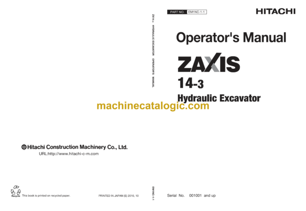 Hitachi ZX14-3 Hydraulic Excavator Operator's Manual (EM1NC-1-1, EM1NC-1-2)