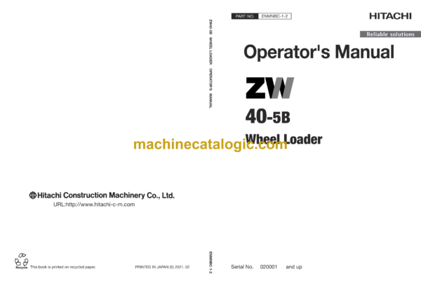 Hitachi ZW40-5B Wheel Loader Operator's Manual (ENMNBC-1-2)