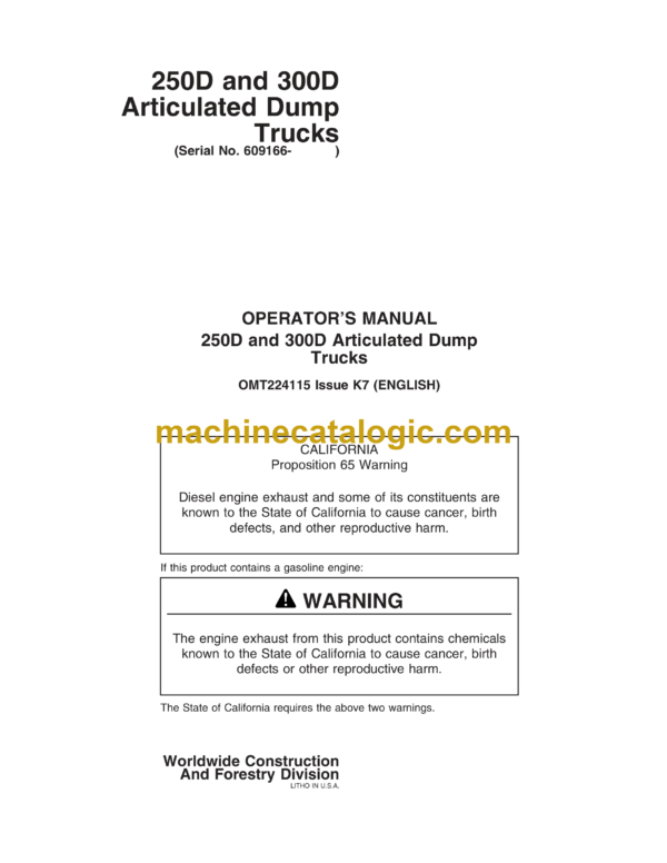 John Deere 250D, 300D Articulated Dump Trucks Operator's Manual (OMT224115