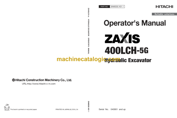 Hitachi ZX400LCH-5G Hydraulic Excavator Operator's Manual (ENMDDE-HD1-1)