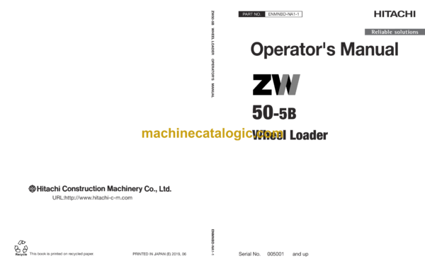 Hitachi ZW50-5B Wheel Loader Operator's Manual (ENMNBD-NA1-1, ENMNBD-NA1-2)