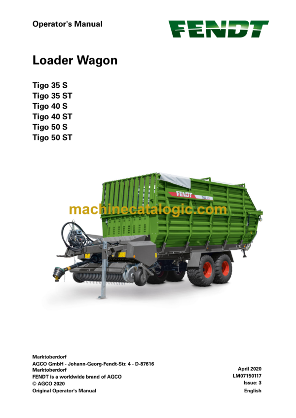 Fendt Tigo 35 S, 35 ST, 40 S, 40 ST, 50 S, 50 ST Loader Wagon Operator's Manual