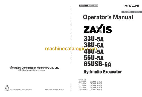 Hitachi ZX33U-5A, ZX38U-5A, ZX48U-5A, ZX55U-5A, ZX65USB-5A Hydraulic Excavator Operator’s Manual (ENMADC-1-6, ENMADC-1-7)