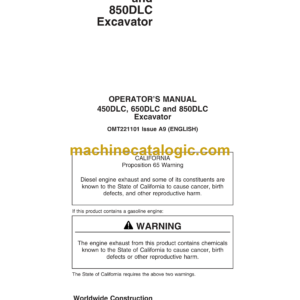 John Deere 450DLC, 650DLC, 850DLC Excavator Operator's Manual (OMT221101)