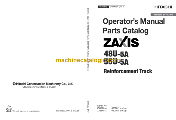 Hitachi ZX48U-5A,ZX55U-5A Reinforcement Track Operator’s Manual Parts Catalog (ENPMAEA-OP1-1, ENPMAEA-OP1-2)