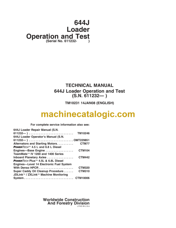 John Deere 644J Loader Operation and Test Technical Manual (TM10231)