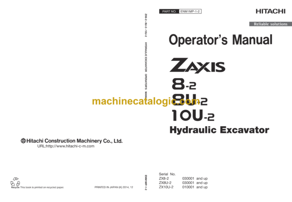 Hitachi ZX8-2, ZX8U-2, ZX10U-2 Excavator Operator's Manual (ENM1MP-1-2)