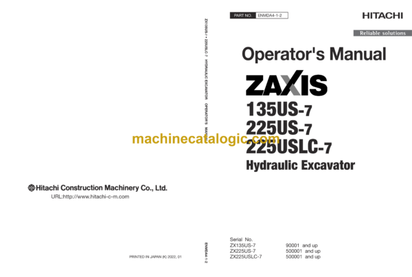 Hitachi ZX135US-7, ZX225US-7, ZX225USLC-7 Hydraulic Excavator Operator's Manual (ENMDA4-1-2)