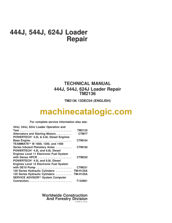 John Deere 444J, 544J, 624J Loader Repair Technical Manual (TM2136)