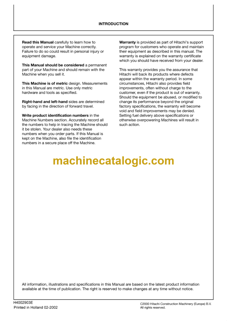 Hitachi EX16-2B, EX17-2B, EX22-2, EX30-2, EX35-2, EX40-2, EX45-2 Excavator Operator's Manual (H4002903E)