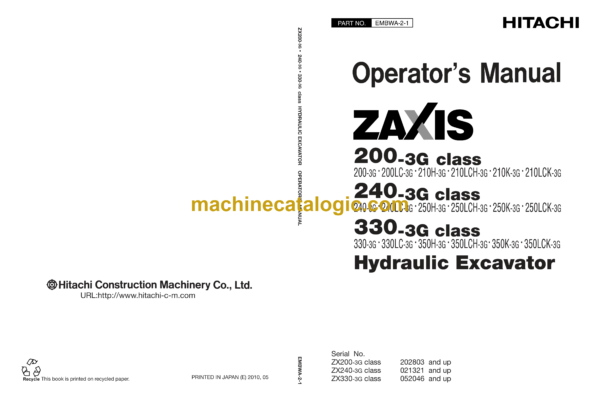 Hitachi ZX200-3G class, ZX240-3G class, ZX330-3G class Hydraulic Excavator Operator's Manual (EMBWA-2-1)