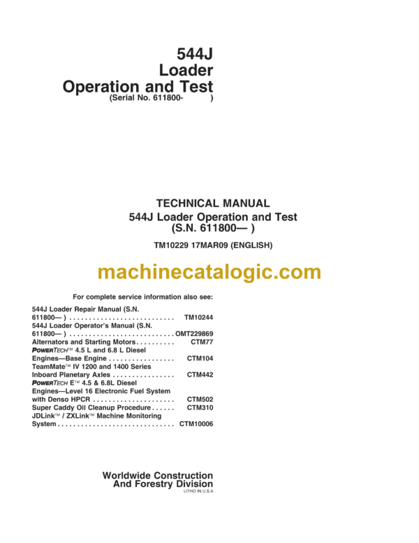 John Deere 544J Loader Operation and Test Technical Manual (TM10229)