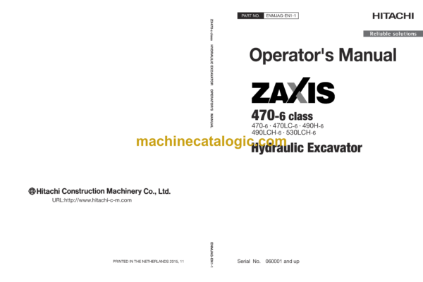 Hitachi ZX470-6 class Hydraulic Excavator Operator's Manual (ENMJAG-EN1-1)