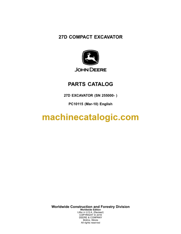 John Deere 27D Compact Excavator Parts Catalog (PC10115)