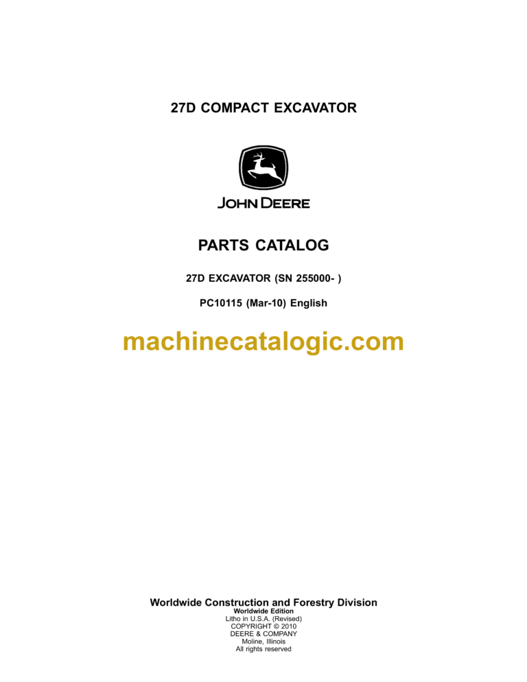 John Deere 27D Compact Excavator Parts Catalog (PC10115)
