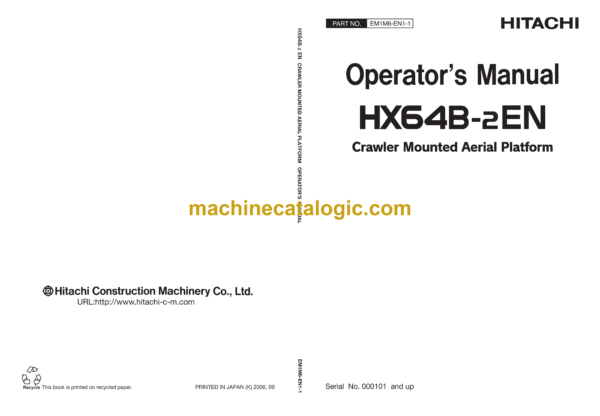 Hitachi HX64B-2 Excavator Operator's Manual (EM1M6-EN1-1)