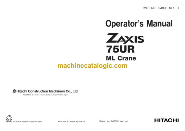 Hitachi ZX75UR ML Crane Operator's Manual (EM1CF-ML1-1)