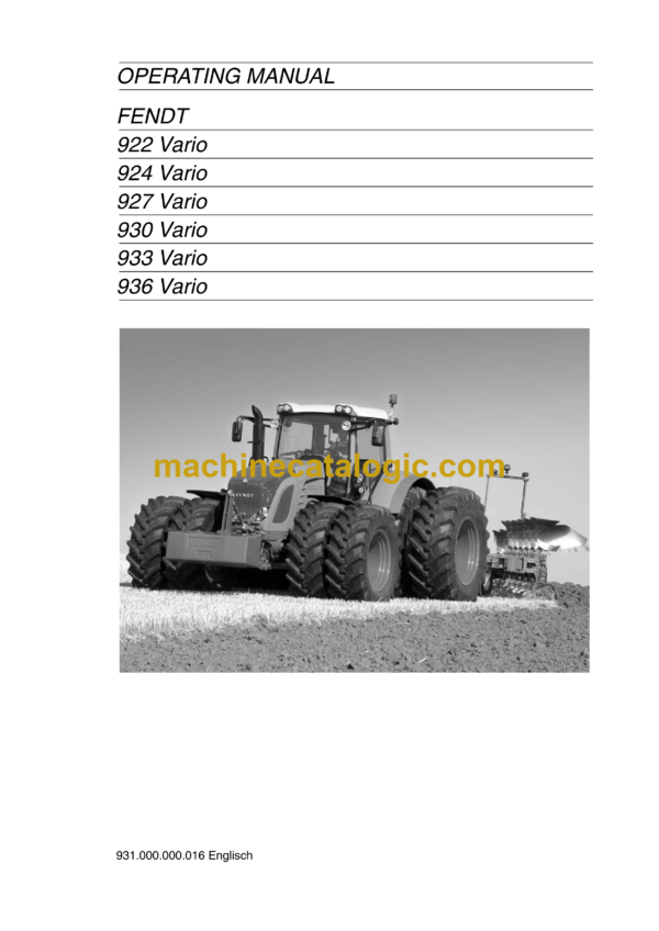 Fendt 922, 924, 927, 930, 933, 936 Vario Tractor Operator's Manual