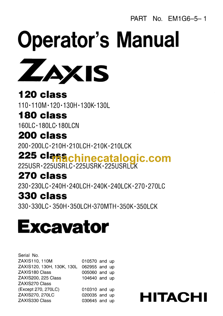 Hitachi ZX120 Class,ZX180 Class,ZX200 Class,ZX225 Class,ZX270 Class,ZX330 Class Excavator Operator's Manual (EM1G6-5-1, EM1G6-1)