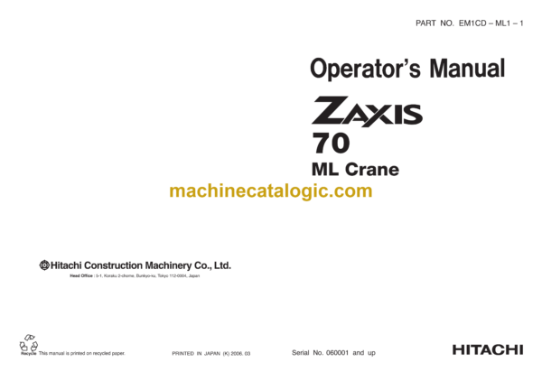 Hitachi ZX70 ML Crane Operator's Manual (EM1CD-ML1-1)