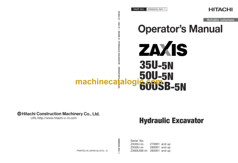 Hitachi ZX35U-5N,ZX50U-5N,ZX60USB-5N Hydraulic Excavator Operator's Manual (ENMADG-NA1-1, ENMADG-NA1-2, ENMADG-NA1-3, ENMADG-NA1-5)