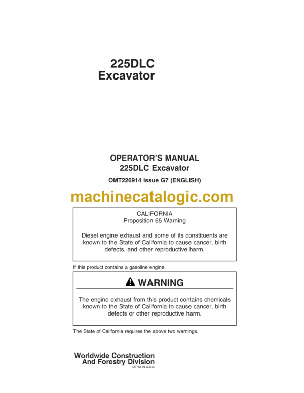 John Deere 225DLC Excavator Operator's Manual (OMT2256914)