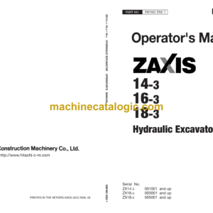 Hitachi ZX14-3, ZX16-3, ZX18-3 Hydraulic Excavator Operator's Manual (EM1NC-EN2-1)