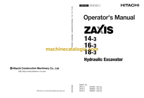 Hitachi ZX14-3, ZX16-3, ZX18-3 Hydraulic Excavator Operator's Manual (EM1NC-EN2-1)