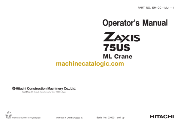 Hitachi ZX75US ML Crane Operator's Manual (EM1CC-ML1-1)