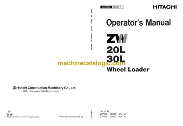 Hitachi ZW20L,ZW30L Wheel Loader Operator's Manual (EM4EN-1-1, EM4EN-1-2)