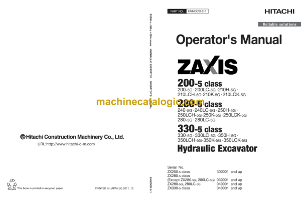 Hitachi ZX200-5G class, ZX280-5G class, ZX330-5G class Hydraulic Excavator Operator's Manual (ENMDCD-2-1)