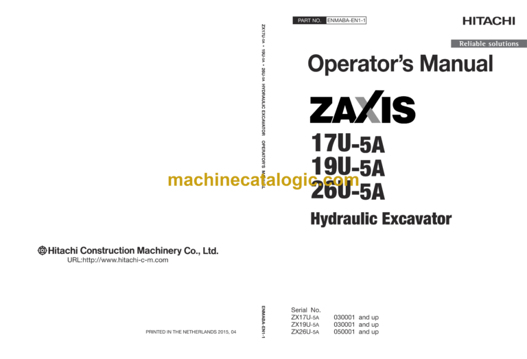 Hitachi ZX17U-5A, ZX19U-5A, ZX26U-5A Hydraulic Excavator Operator's Manual (ENMABA-EN1-1, ENMABA-EN1-2, ENMABA-EN1-4, ENMABA-EN1-5)