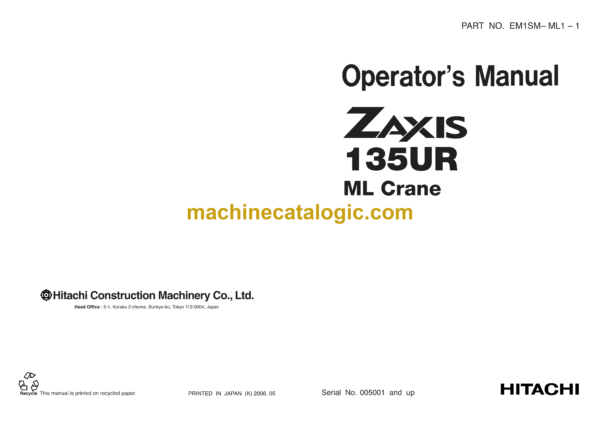 Hitachi ZX135UR ML Crane Operator's Manual (EM1SM-ML1-1)