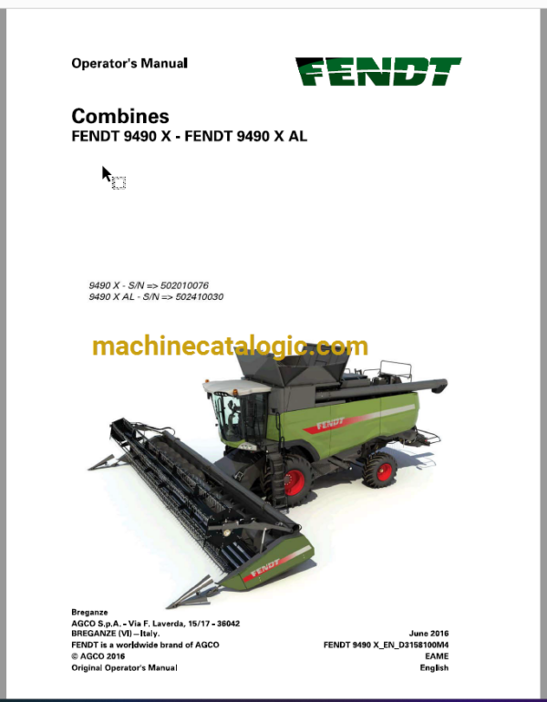 Fendt 9490X - 9490X AL Combines Operator's Manual (D3158100M4)