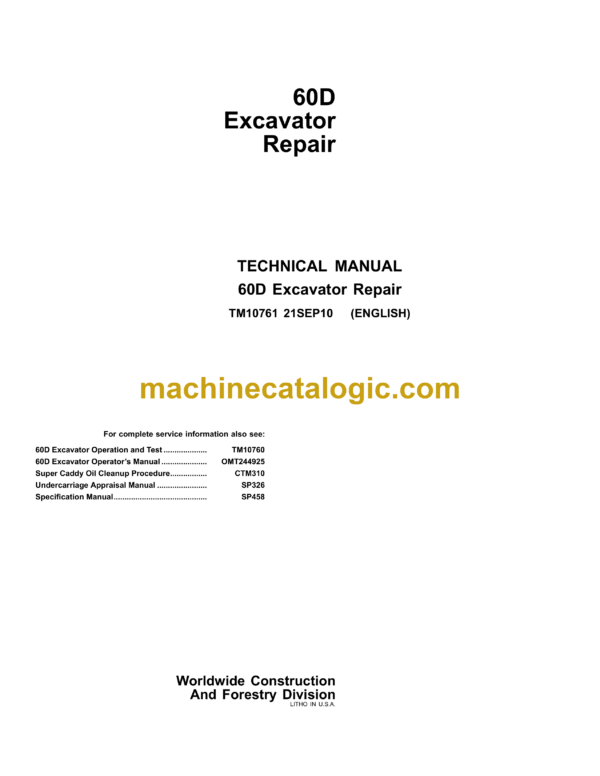 John Deere 60D Excavator Repair Technical Manual (TM10761)