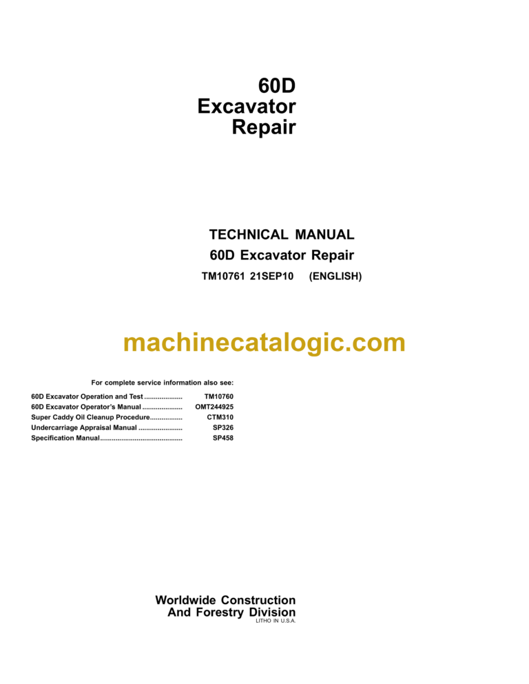 John Deere 60D Excavator Repair Technical Manual (TM10761)
