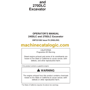 John Deere 240DLC, 270DLC Excavator Operator's Manual (OMT221092)