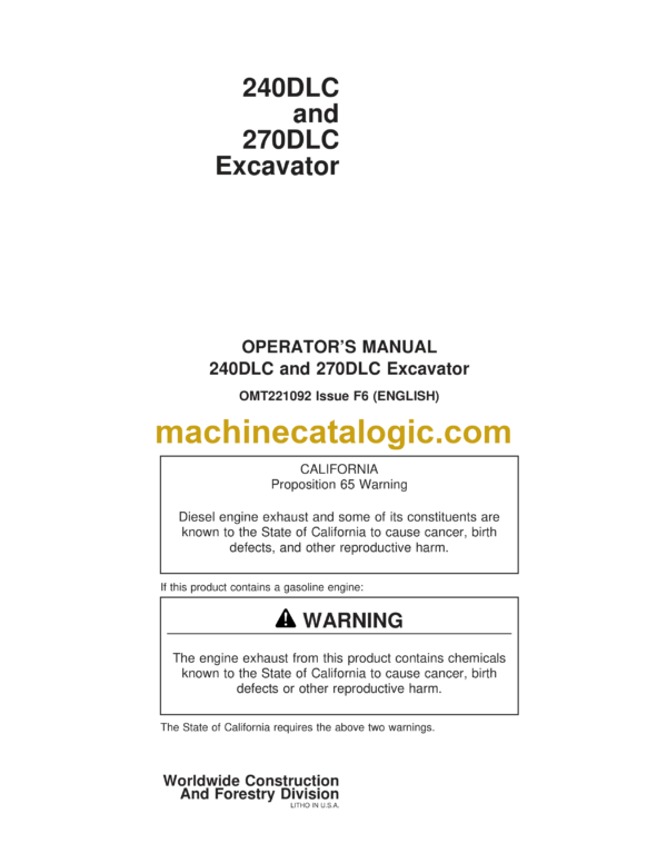 John Deere 240DLC, 270DLC Excavator Operator's Manual (OMT221092)