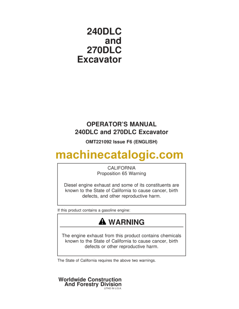 John Deere 240DLC, 270DLC Excavator Operator's Manual (OMT221092)