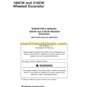 John Deere 180CW, 210CW Wheeled Excavator Operator's Manual (OMT213055)