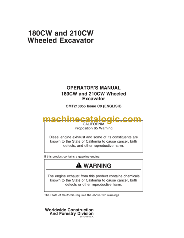 John Deere 180CW, 210CW Wheeled Excavator Operator's Manual (OMT213055)